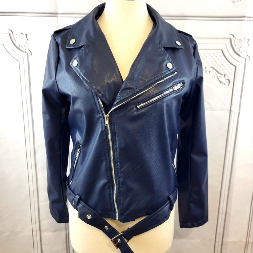 Navy Faux Leather Moto Jacket Size Small